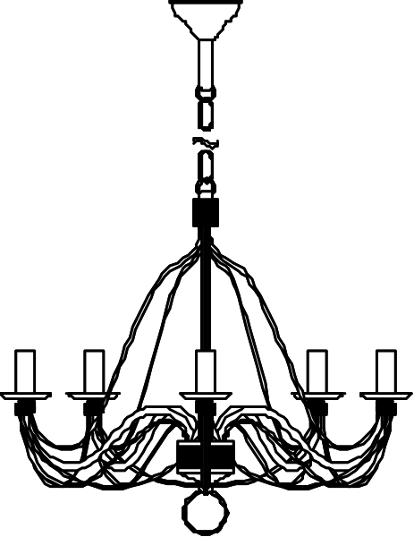 The black and white illustration shows a chandelier with multiple arms holding candles against an indistinct background that does not provide any additional context about its surroundings.