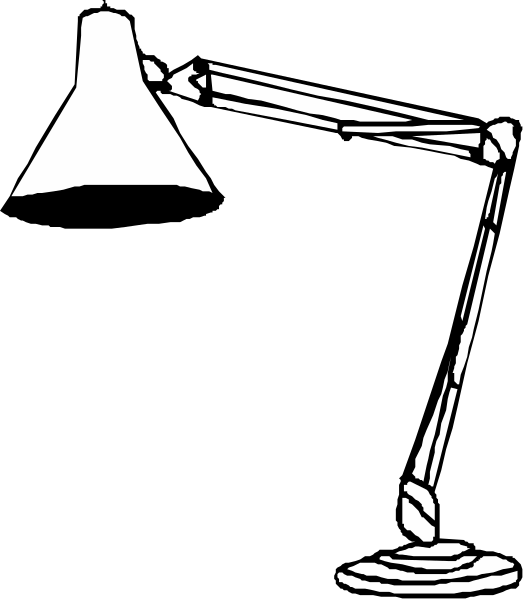 The black and white illustration shows a desk lamp with an adjustable arm on top of what appears to be a microphone stand next to a small statue that resembles Lady Justice holding scales in her hands, suggesting themes related to law or justice.