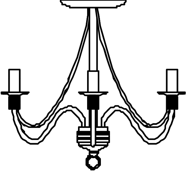 The black and white silhouette of a chandelier with multiple arms holding candles against an unseen background.