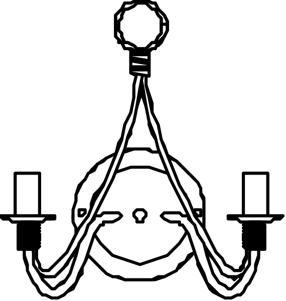 The image shows a black and white illustration of two different chandeliers with candles lit inside them against contrasting backgrounds: one is set in an interior space while the other appears to be outdoors, possibly on a porch swing.