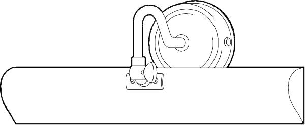 The black and white illustration shows a mechanical arm with two joints holding what appears to be an object of interest at its end; it is set against a dark background that contrasts sharply with the lighter tones used for the drawing itself, emphasizing the details within this small clip-art image.