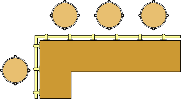 The image shows a simple floor plan of an interior space with labeled areas for different rooms: "Bathroom," "Kitchen," "Living Room" (with two circular symbols), and another room without labeling, all connected by lines indicating walls; there is also one door indicated on the left side.