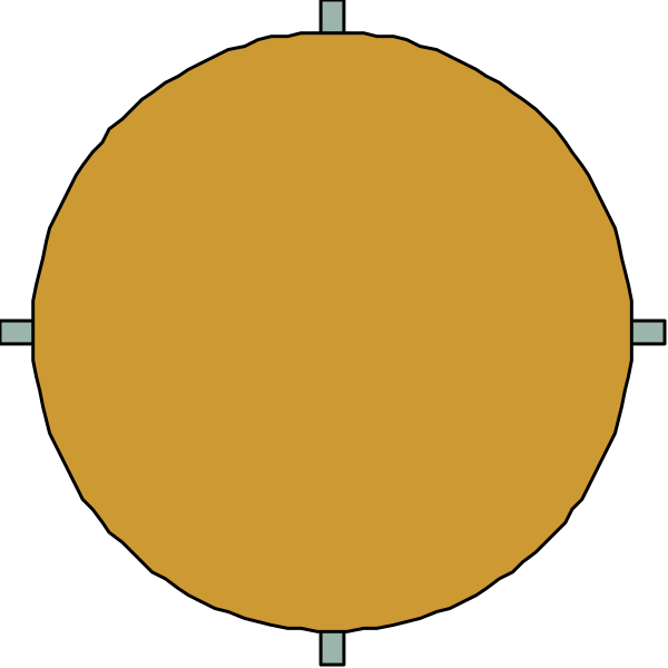 The image shows a simple graphic of an orange circle with four lines radiating from it to represent cardinal directions: north, south, east, west.