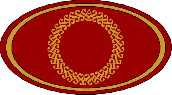 The image shows a red oval with an intricate gold design inside it on top of two smaller circles that have similar designs in white within them; all three elements share a common border pattern featuring small dots, and there is no text present.