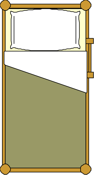 The image shows a simple bed with white sheets inside an open cardboard box on top of what appears to be a wooden floor in front of a wall-mounted light switch panel.