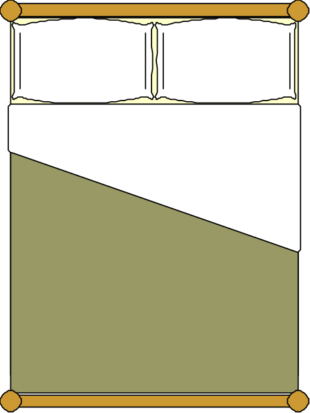 The image shows a simple bed with white sheets against an olive green background inside what appears to be a small room.