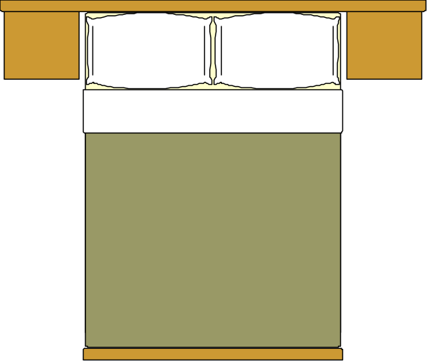 The image shows a simple black and white illustration of an unmade bed with pillows inside what appears to be a small room corner.
