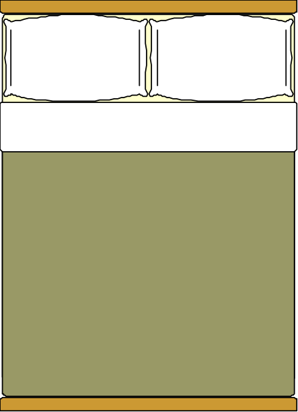 The image shows a simple bed with two pillows against an olive green background inside what appears to be a small room.