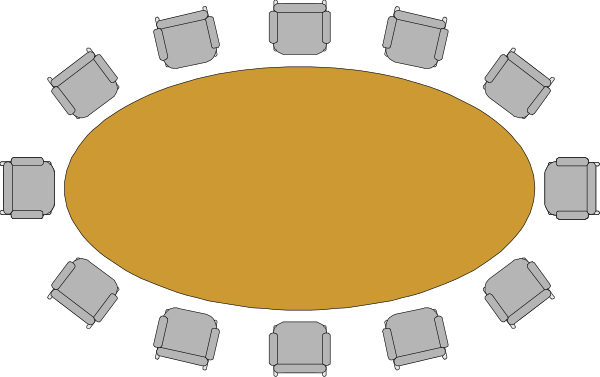 The image shows a circular arrangement of chairs around an oval table with no visible attendees; it is set against a plain background that resembles a meeting room floor plan.