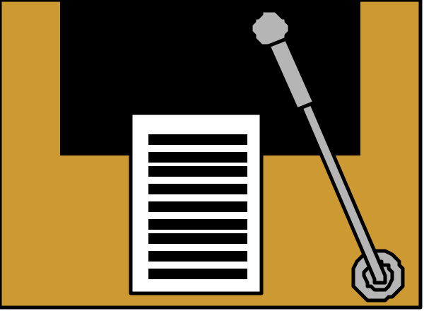 The image shows a black and white illustration of an office environment with various items such as papers on clipboards, scissors, stapler, ruler, pencil sharpener, paper shredder, microphone stand, and other typical desk accessories arranged in front of what appears to be a computer monitor.
