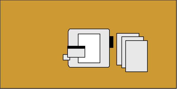 The image shows a yellow object with two white rectangles on it against an orange background.