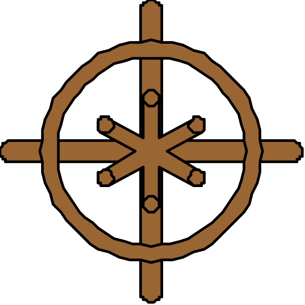 The image shows a compass rose symbol with an X through it on top of what appears to be a target-like design in brown coloring against a black background.
