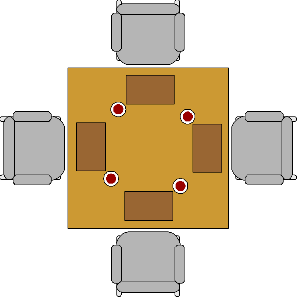 The image shows a black and white floor plan of an office layout with furniture arranged around it to create separate workstations; there is no text present in this clip-art illustration.