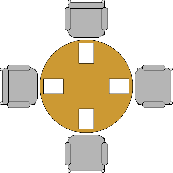 The image shows a diagram of an office layout with furniture arranged around a central table that has four chairs facing it from different directions; there is no text present in this clip-art illustration.