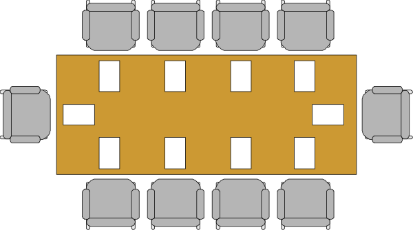 The image shows a black and white illustration of an interior space with multiple chairs arranged around tables that have yellow tablecloths on them; there is no text present in this clip-art piece.