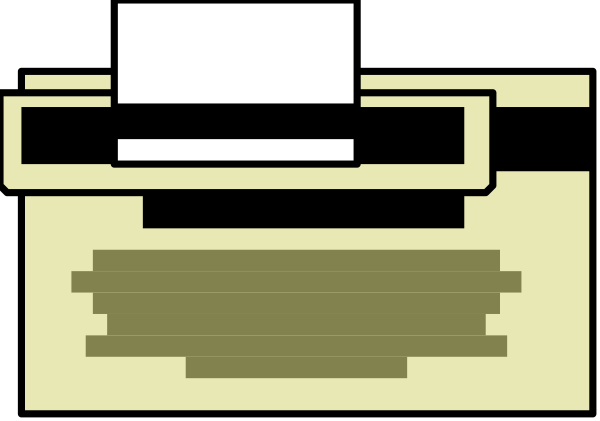 The image shows a pixelated representation of an old printer with paper coming out from its top right corner set against a plain background.