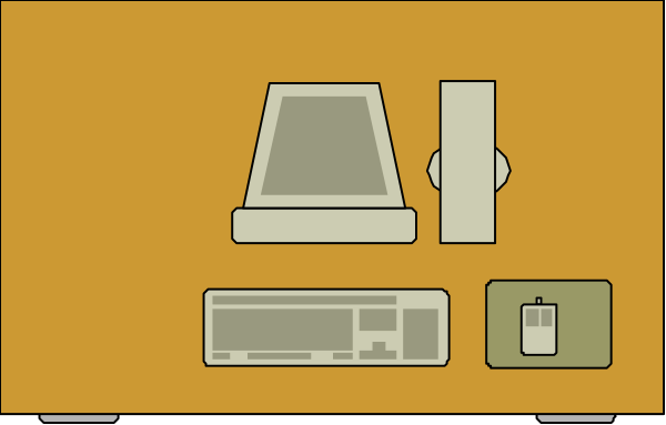 The image shows a computer monitor on top of an orange desk with various items around it including what appears to be a keyboard in front of the screen.
