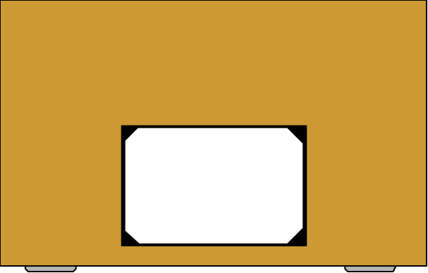 The image shows a yellow box with an opening on top against a gray background; there is no visible content inside it except for one small white square that appears to be placed in front of its interior space.