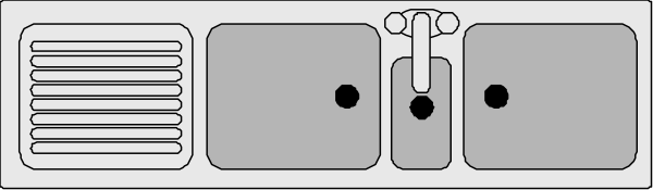 The black and white illustration shows a kitchen counter with two sinks on either side of an oven that has its door open revealing racks inside for storage.