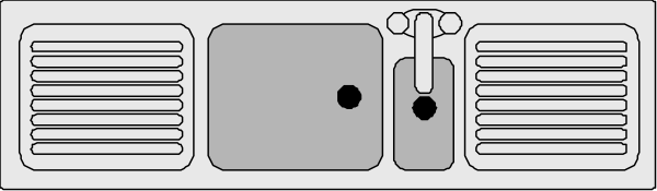 The black and white line drawing shows a kitchen scene with an open cabinet door revealing shelves inside; there is no visible activity taking place in this still image.