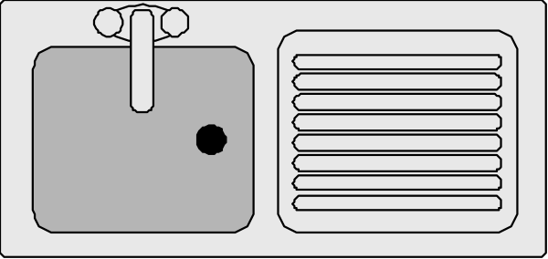 The black and white line drawing shows a sink with two faucets on top of it next to an open cabinet door that has shelves inside; above this is another shelf holding what appears to be dishes in front of which there's a window, suggesting daylight coming from outside.