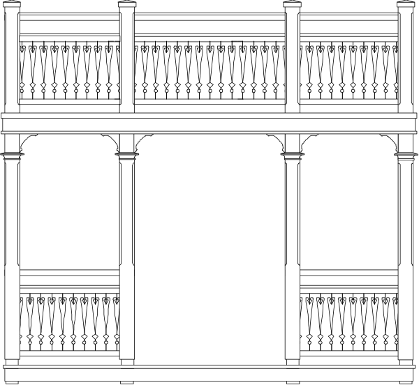 The black and white illustration shows a classical architectural structure with columns supporting an arched roof over what appears to be storefronts on either side of a central entranceway.