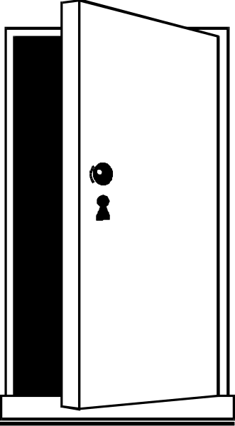 The black and white illustration shows a door with two keys hanging on it against an otherwise plain background.