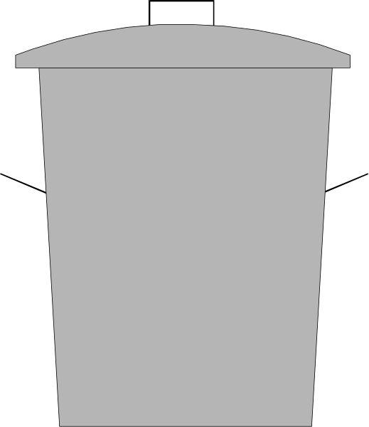 The image shows a gray trash can with no lid on it against a black background.