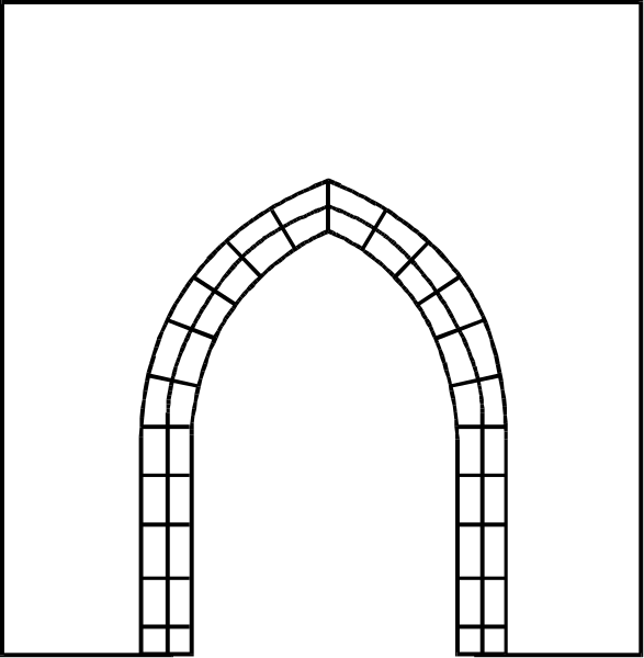 The black and white illustration shows a simple architectural structure resembling an arched window with multiple panes on top of what appears to be a small building or shed-like construction in front of it, suggesting that this could represent either a stylized church entranceway or another type of architrave.