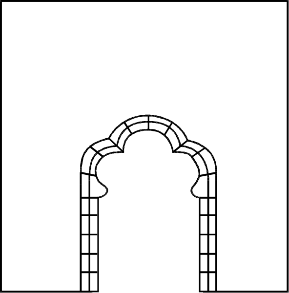 The black and white illustration shows a simple architectural structure resembling an arched window with decorative elements above it on top of what appears to be a wall within another larger enclosure that could represent part of a building, possibly in a stylized or cartoonish manner without any additional context.