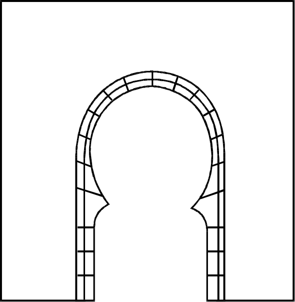 The black and white illustration shows a person standing inside an archway with two panels on either side of them; there is no text present in this image.