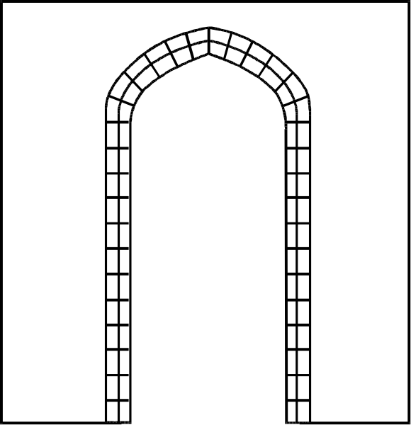 The black and white illustration shows a simple architectural structure with an arched window on top of what appears to be two rectangular windows below it; there is no visible activity in this image as it's just static architecture, not depicting any actions or people.