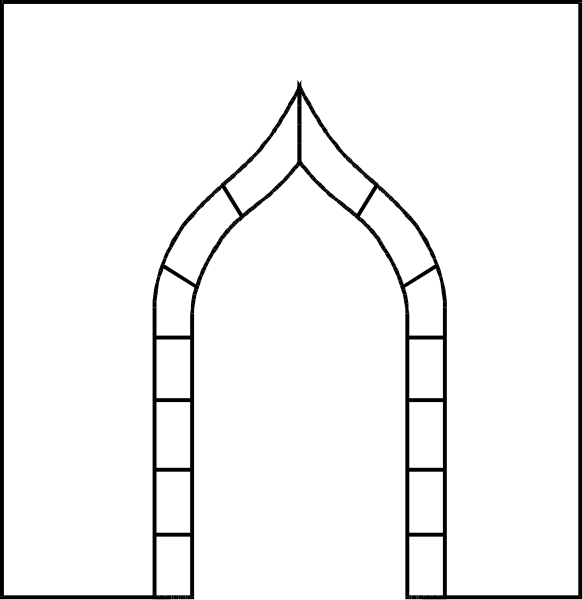 The black and white illustration shows a church with an arched window on its front facade.