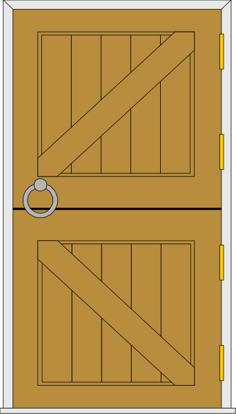 The image shows a simple illustration of an open wooden door with two vertical panels on either side, each featuring a white diamond-shaped window at its center; above one panel is a small circular object that resembles a keyhole and below it hangs what appears to be a ring or bracelet.