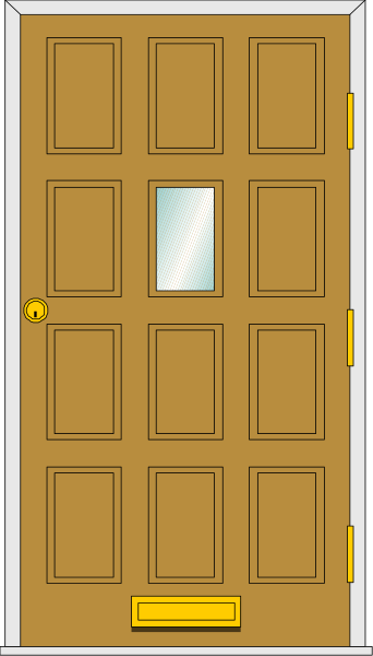 The image shows a simple illustration of an old wooden door with 12 panels on it set into what appears to be a brown frame within a room that has white walls; there is no visible text in this clip-art piece, and all elements seem static without any action taking place or people present. There are also two small windows located at the top of each paneled door section.