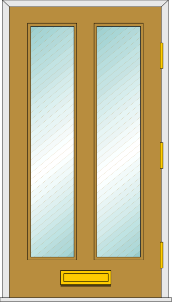 The image shows a cartoon of an open door with two windows on either side, set against a gray background that resembles wallpaper.