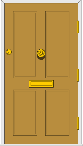 The image shows a simple illustration of an open door with two panels on either side, set against what appears to be a plain background that resembles wallpaper.