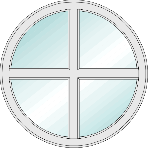 The image shows two circular windows with a cross design on each side of them against a black background.