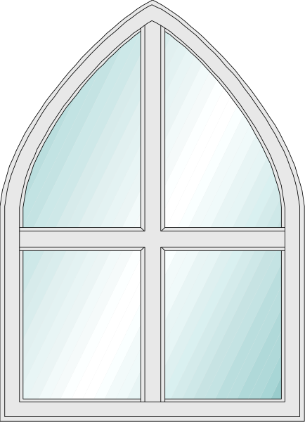The image shows a stained glass window with white panes inside an arched frame against a gray background.