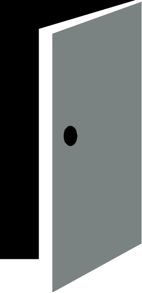 The image shows a gray door with an open slit revealing darkness beyond it.