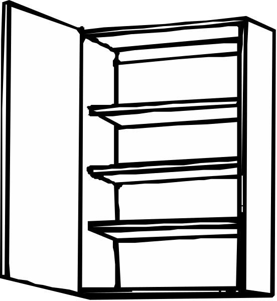 The black and white line drawing shows an open refrigerator with shelves inside it against a dark background.