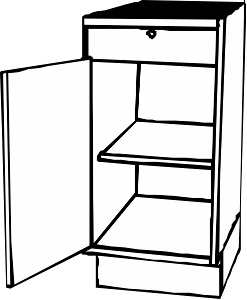The black and white illustration shows a simple wooden shelf with two shelves inside an open cabinet door against a dark background.