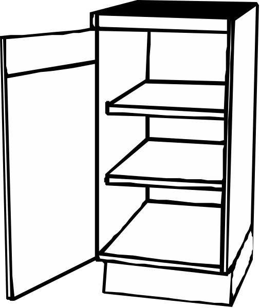The black and white line drawing shows an empty refrigerator with two shelves inside it against a dark background.