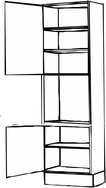 The black and white photo shows a tall bookshelf with multiple shelves filled with various items against an open door frame on either side of it in what appears to be a room corner.