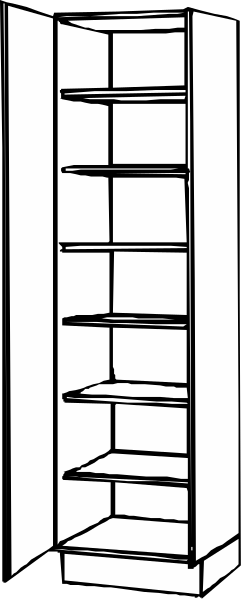The black and white illustration shows a tall bookshelf with multiple shelves inside it against a plain background.