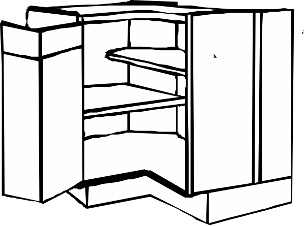 The black and white line drawing shows a kitchen with an open refrigerator door revealing its interior shelves; there is no text present in this image.