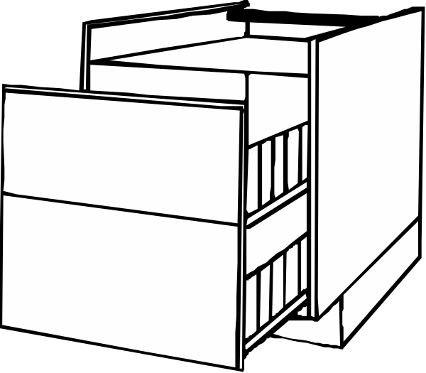 The black and white line drawing shows a simple architectural structure with two visible levels: an upper level that appears to be open on one side revealing what might be interior space within it; below this is another enclosed area, which could represent additional living quarters or storage spaces. There are no people, animals, actions depicted in the image as its focus seems to be solely on architectural representation rather than depicting a scene with human activity.