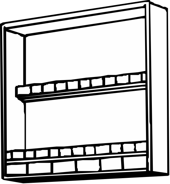 The black and white line drawing shows a simple representation of an open refrigerator with shelves inside it against a plain background.