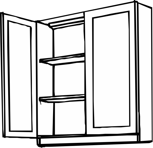 The black and white line drawing shows a kitchen cabinet with three shelves inside it against an unadorned background.