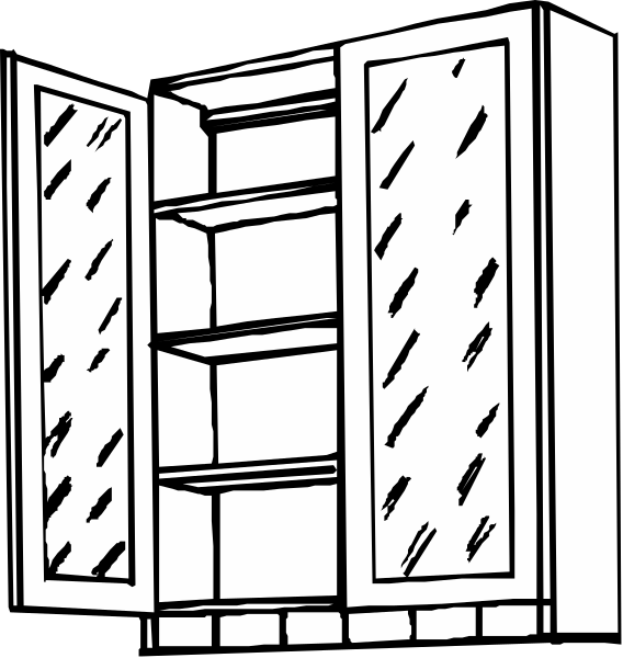 The black and white line drawing shows a simple representation of two open cabinets with shelves inside them against an unadorned background.
